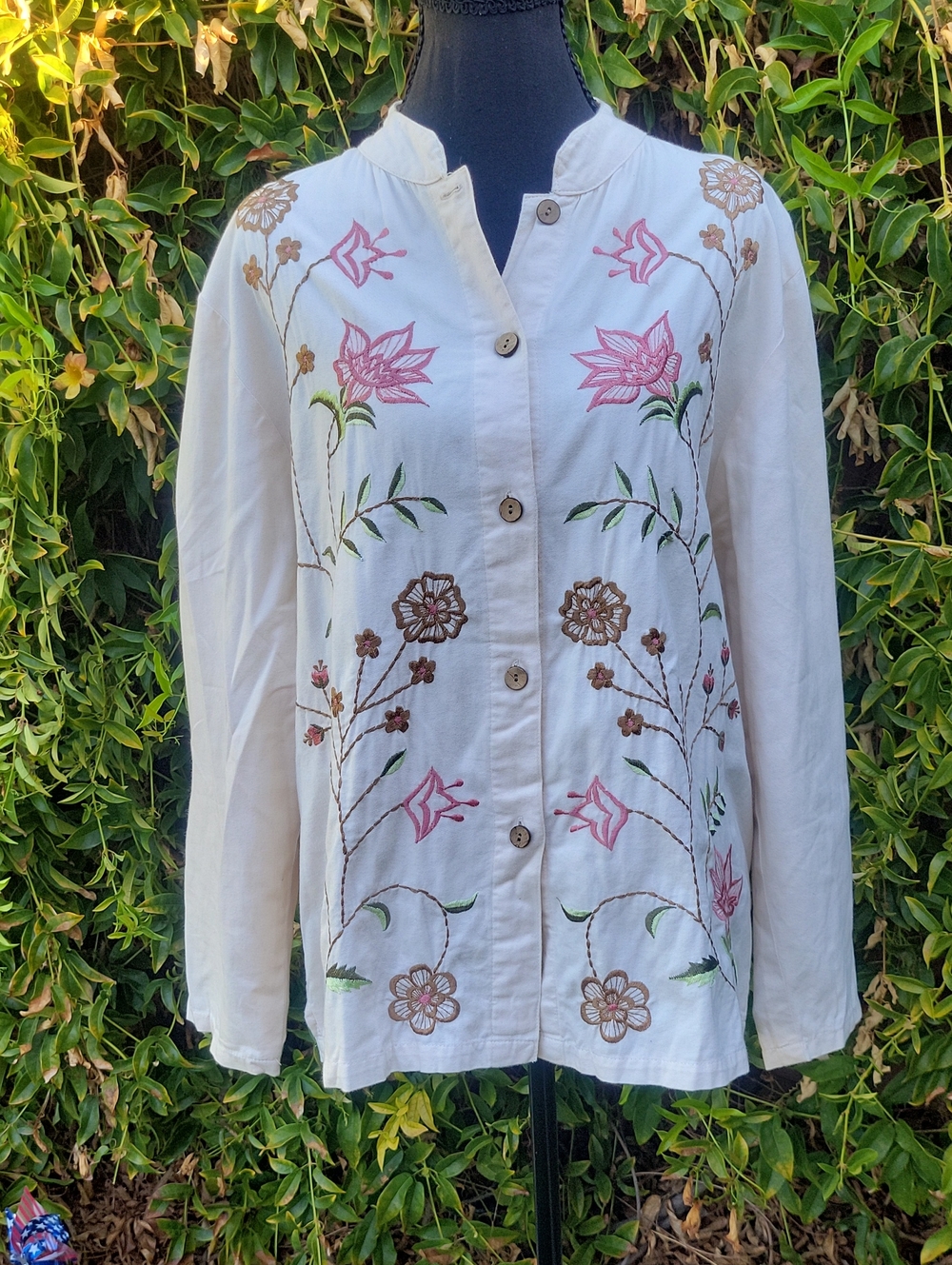 Vintage Double Sided Floral Embroidered Cream Button-Front Shacket